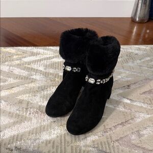 Adrienne Vittadini Black Fur-Trimmed Heeled Boots